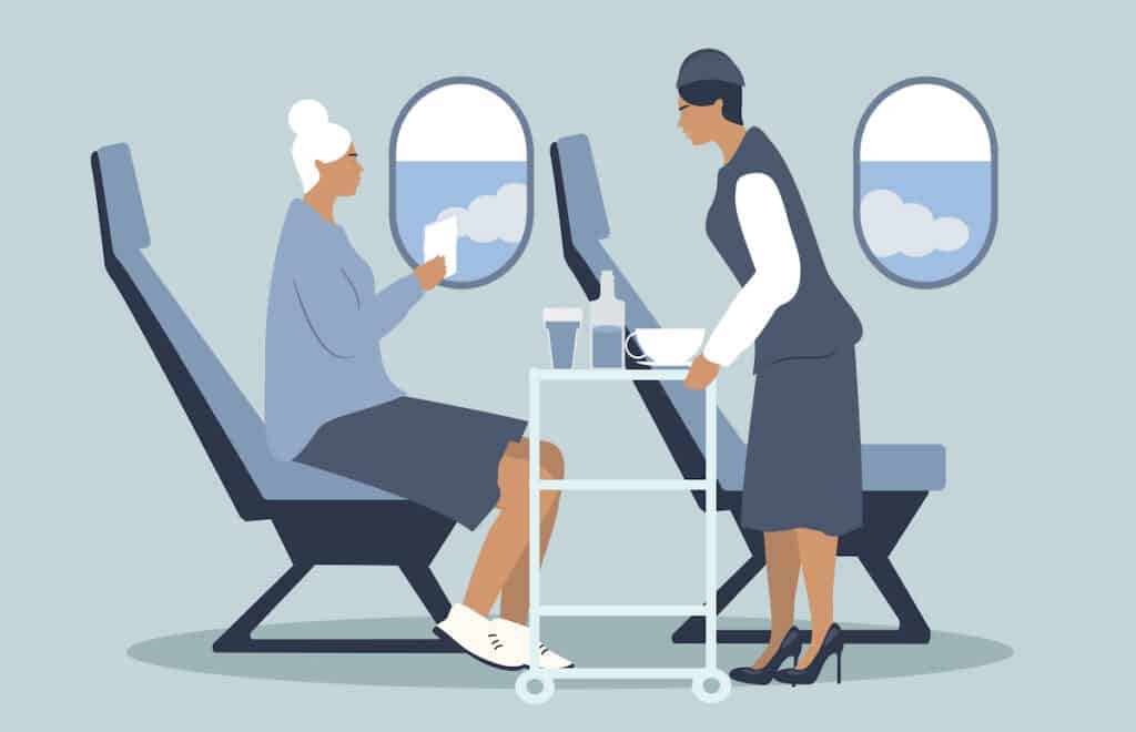 illustration of a woman being served a beverage on a plane