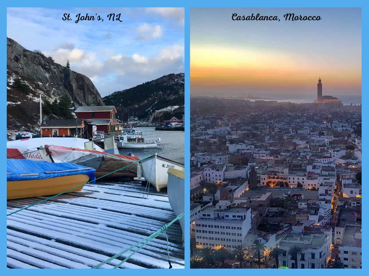 A sea side photo of fishing boats in St John's, NL compared to an image across Casablanca, Morocco toward the Hassan II Mosque and the sea beyond.