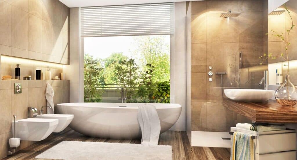 Spa-style tub and sinks
