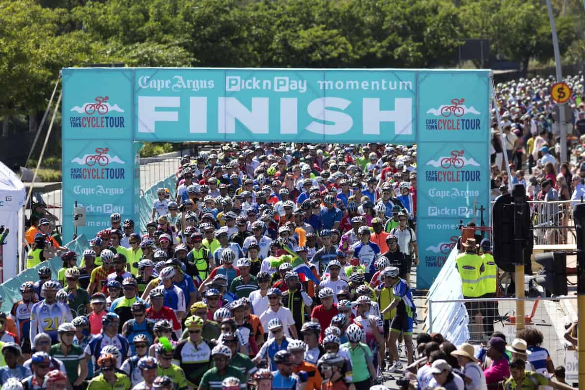 The Cape Town Cycle Tour finish line, packed with winners!