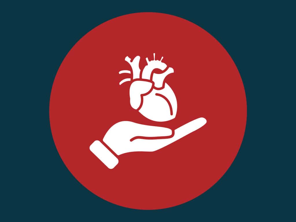 An illustration of a hand holding a heart in white against a red background