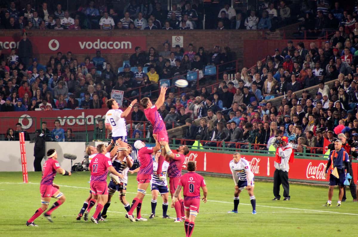 Rugby, Bulls, in Pink jerseys in support of fighting cancer, lineout; jump; support, Stormers v Bulls