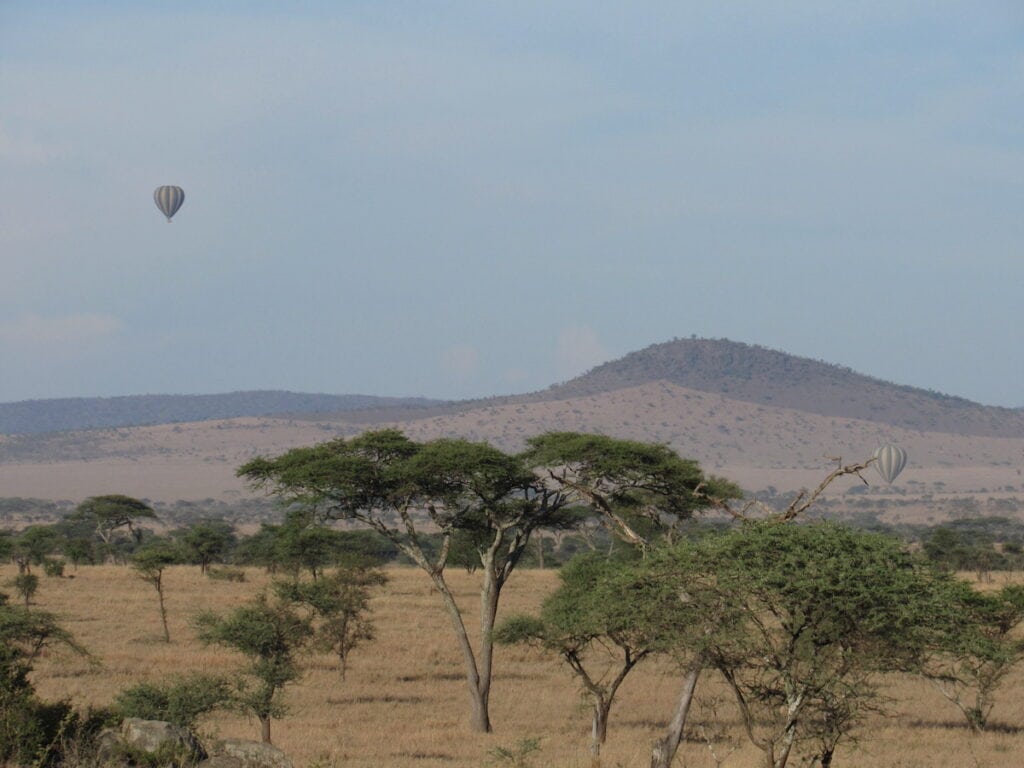 A hot air balloon over the Serengeti plains.