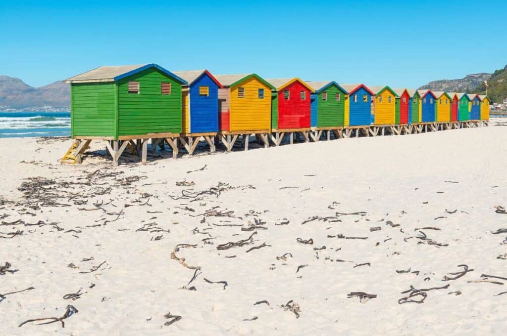 Colourful beach huts at Muizenberg Beach, South Africa