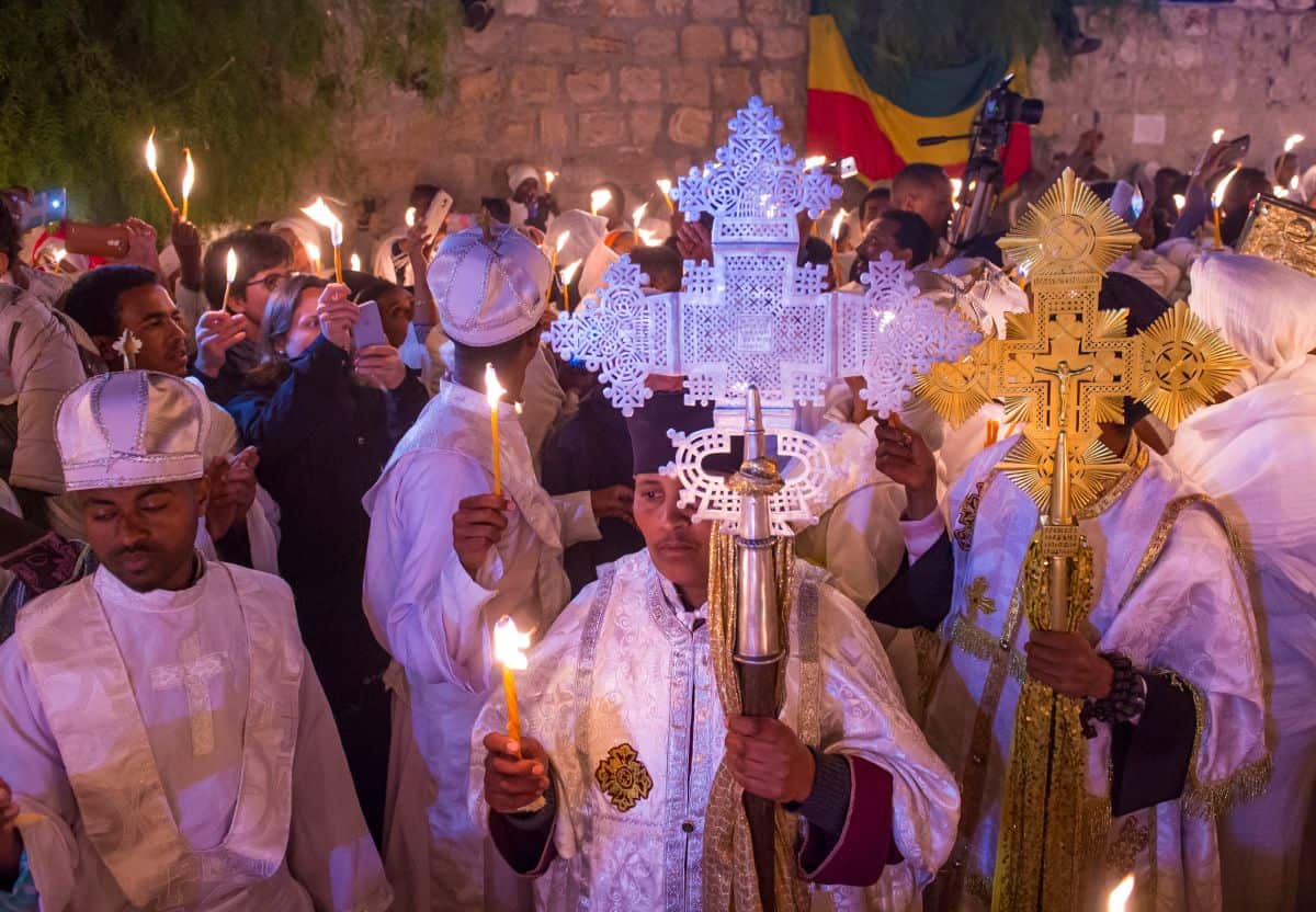 Ethiopian Orthodox pilgrims participates in the Holy fire ceremony at the Ethiopian section of the Holy Sepulcher in Jerusalm Israel. DP