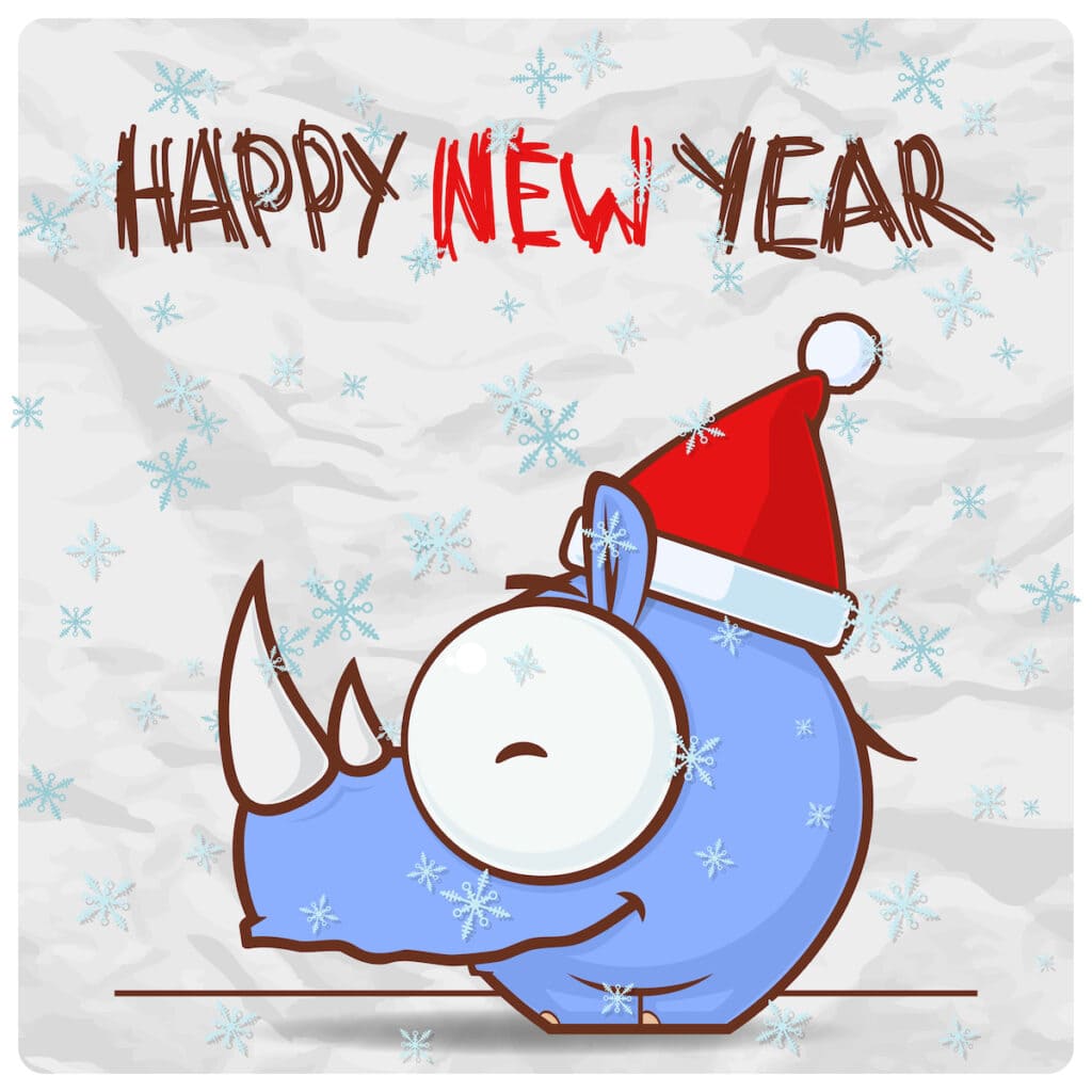 An cartoon illustration of a rhino in a Santa hat, topped by the phrase Happy New Year