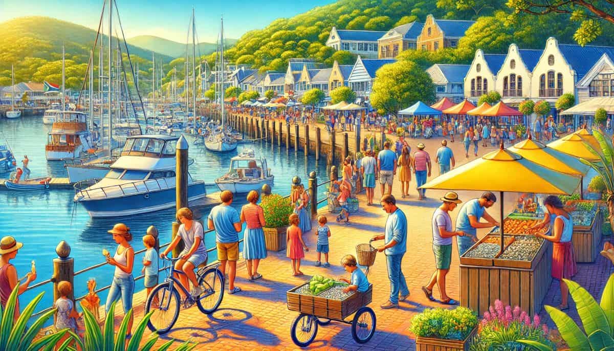 A colourful illustration of the Knysna Oyster Festival at the waterfront